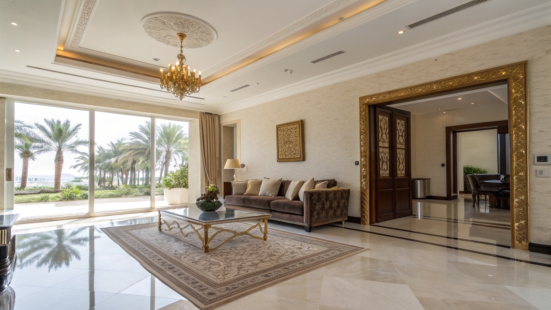 Expansive high-end interior with double-height ceilings and floor-to-ceiling windows