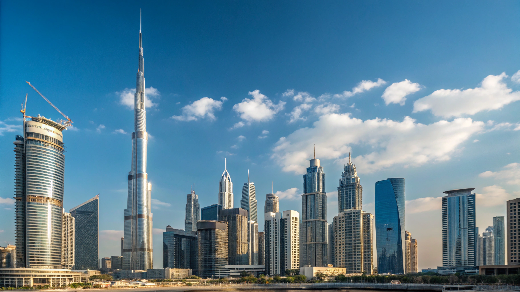 Crystal clear daylight view of modern Dubai skyline architecture with towering glass skyscrapers