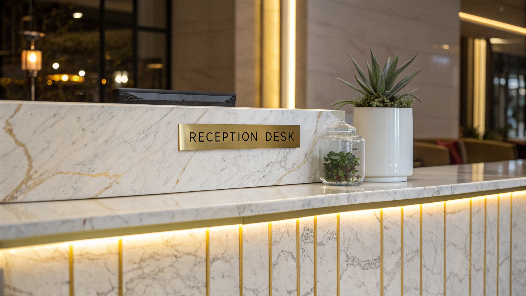 Sophisticated luxury lobby with a gold-accented Emaar-style aesthetic